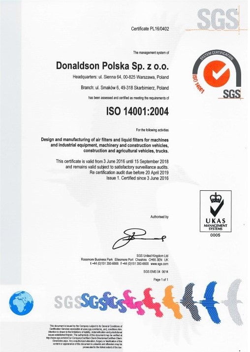 Сертификат качества Donaldson
